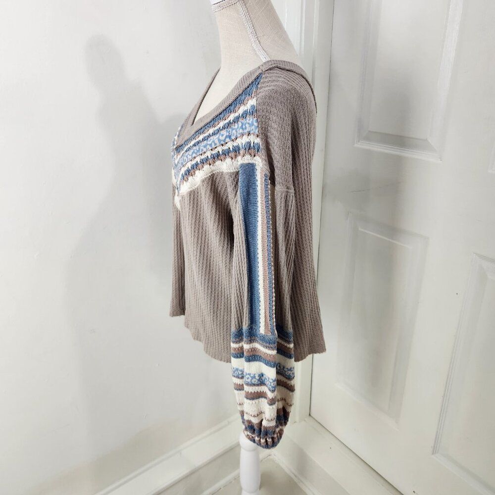Free People Sweater Womens XS Copenhagen Thermal Waffle Contrasting Sleeves - Picture 5 of 16